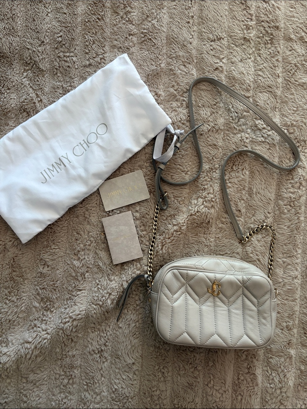 Jimmy Choo Quilted Cream Leather Crossbody with Gold Chain